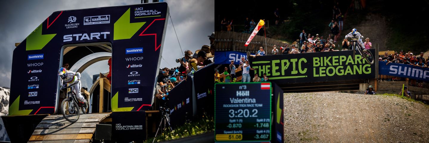 (Left) Vali Höll dropping into her Final race fun in Leogang, Austria. (Right) Vali Höll about to cross the finish line on the final jump.