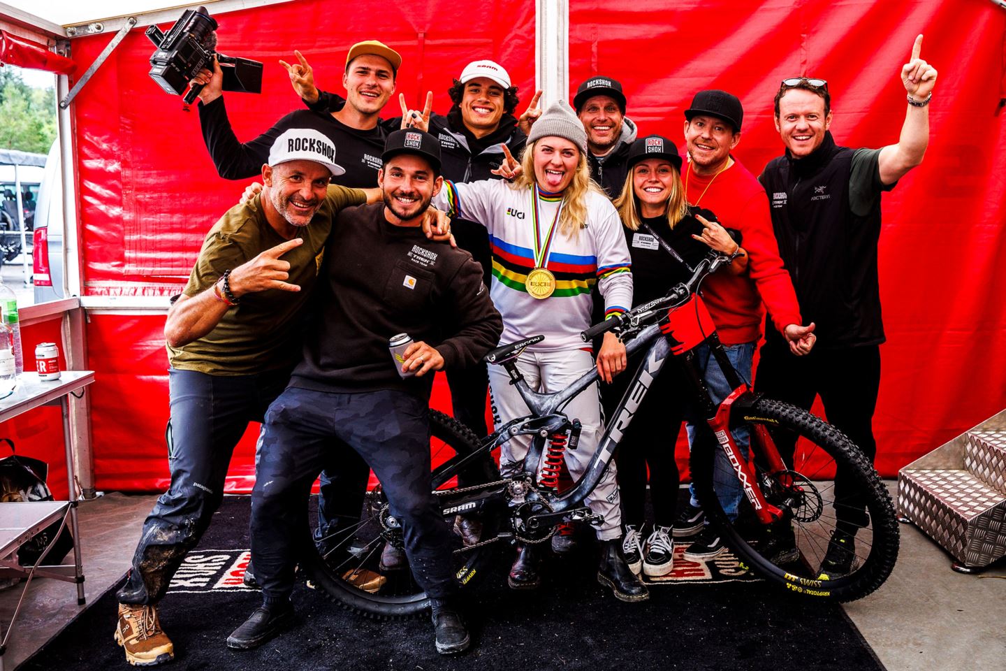 The whole RockShox Trek Race Team including (front row, left to right) Sven Martin, Mat Gallean, Vali Höll, Chloe Gallean; (back row, left to right) Kuba Gzela, Tegan Cruz, JT Eans, John Dawson, Gregg Coombes.