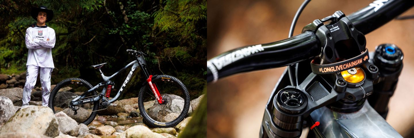 (Left) Tegan Cruz posing with his Trek Session. (Right)  A close-up of the cockpit of Tegan's bike.