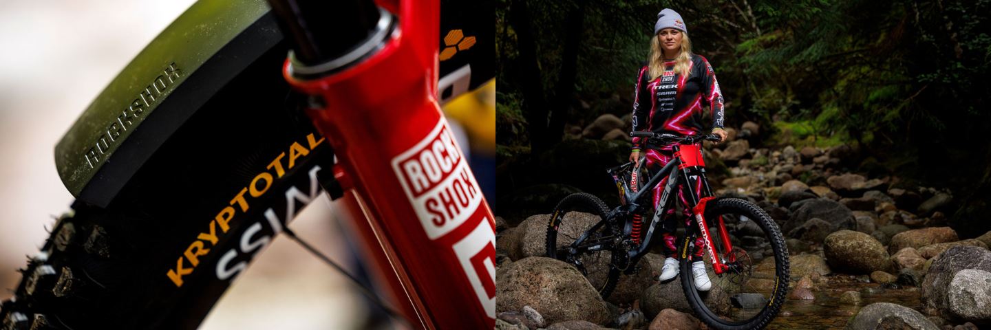 (Left) A close-up of Vali Höll's electric red BoXXer fork with Continental Krypototal tire. (Right) Vali Höll posing with her World Champ bike  and kit.