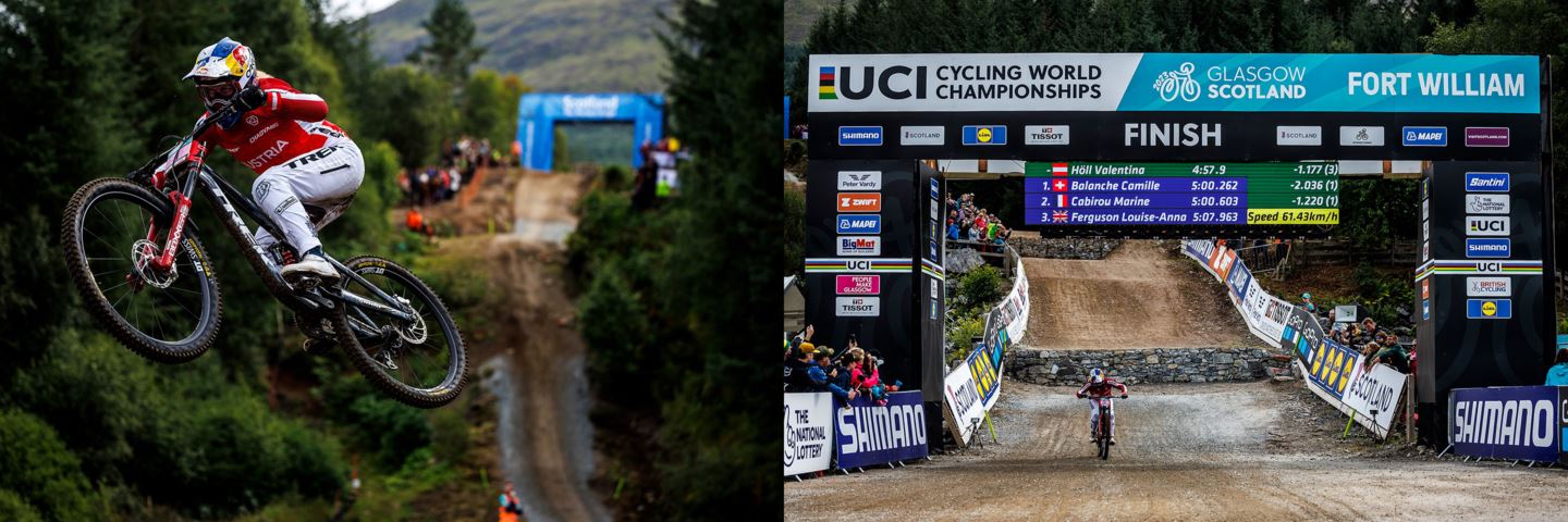 (Left) Vali Höll sending the final jump in her World Championship run in Fort William, Scotland. (Right) Vali Höll crossing the finish line in first place.