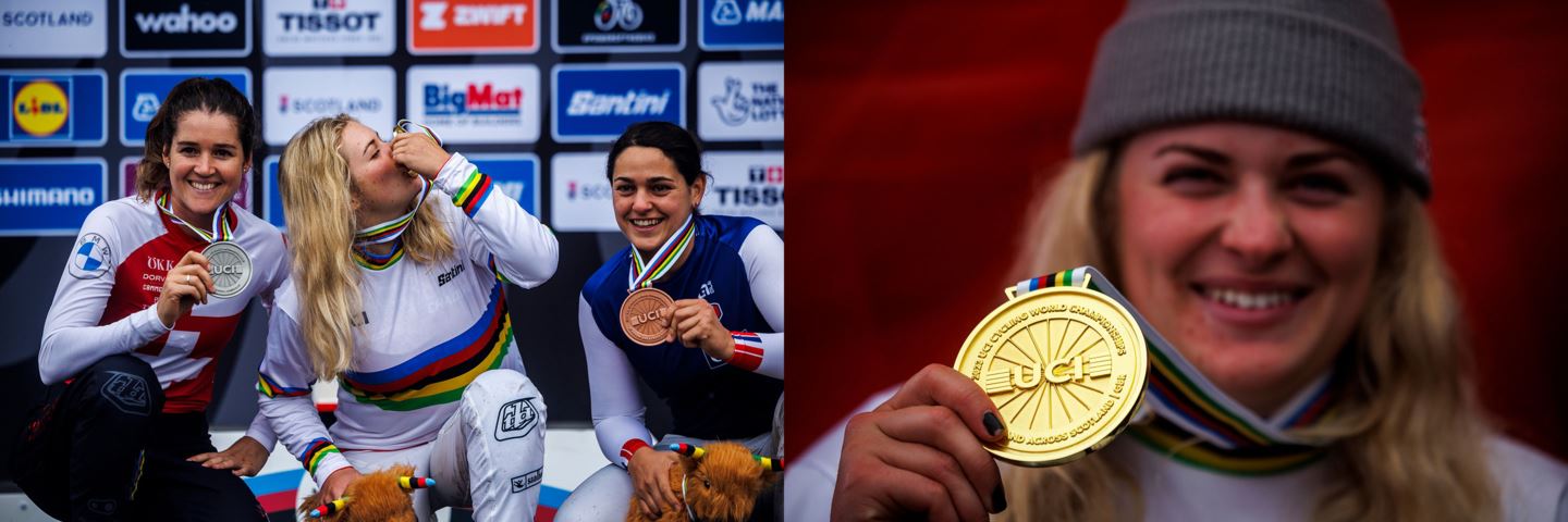 (Left) The Elite Women's DH World Championship podium. (Right) Vali Höll holding up her gold medal.