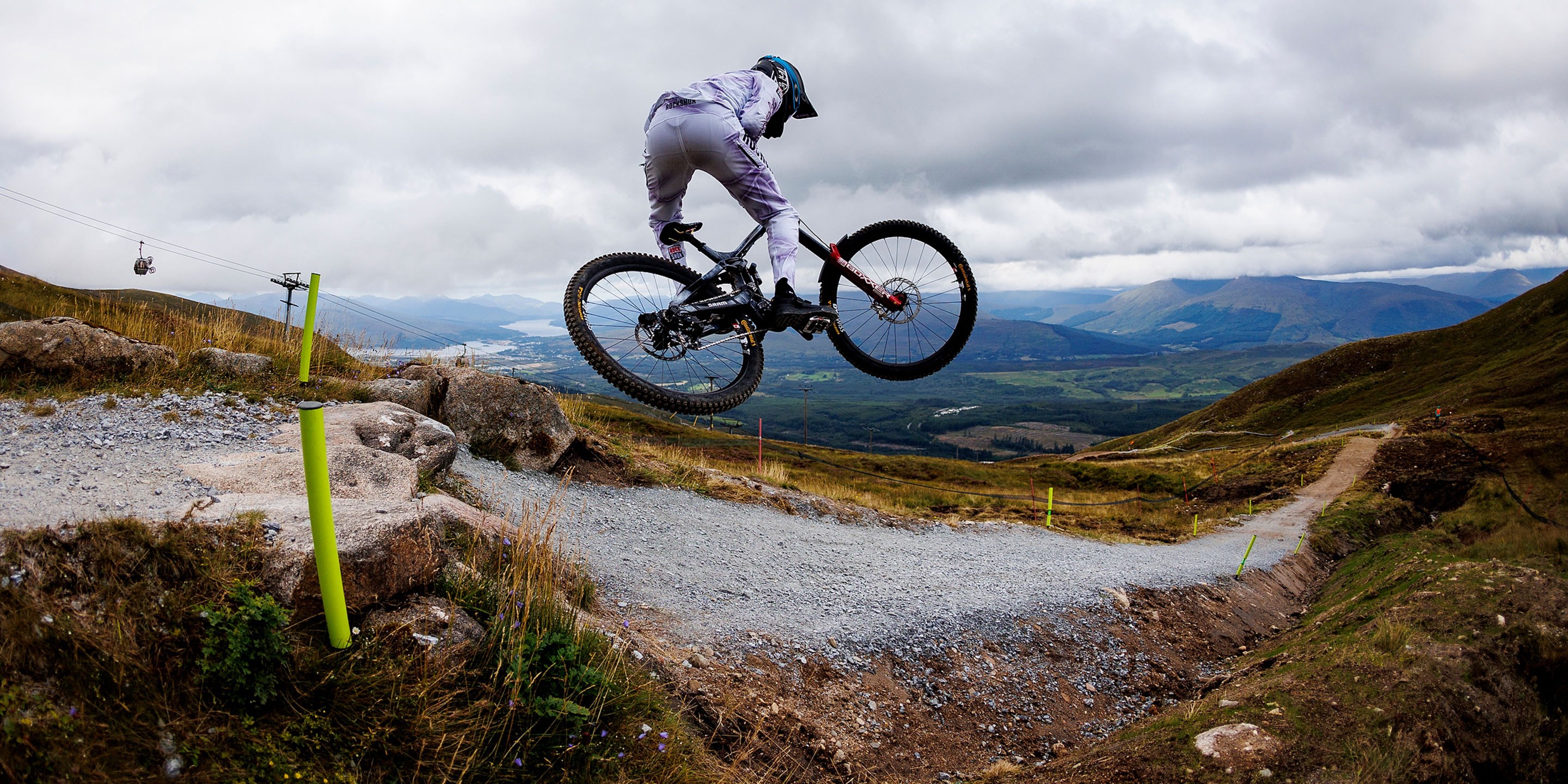Tegan Cruz hitting a jump during practice in Fort William, Scotland.