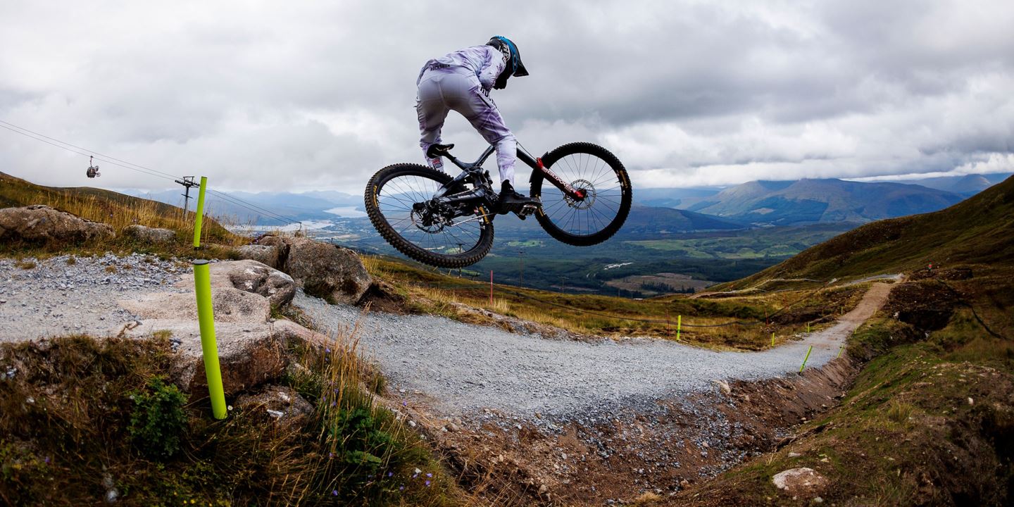 Tegan Cruz hitting a jump during practice in Fort William, Scotland.