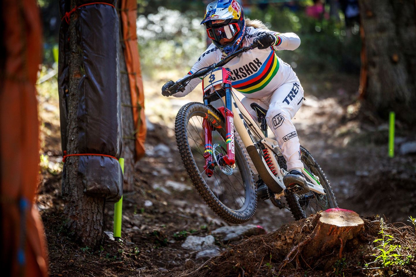 Vali Höll practicing in Andorra on her newly adorned World Champs bike and jersey.