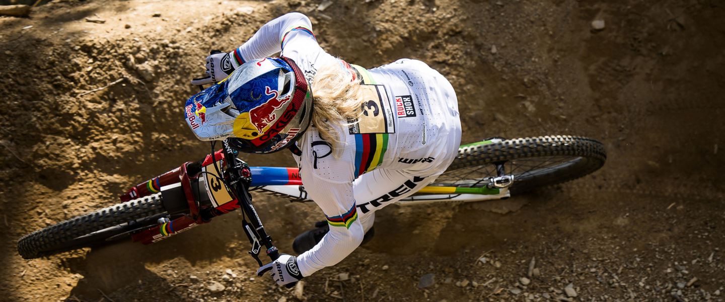 A top down perspective of Vali Höll racing Finals in Les Gets, France.