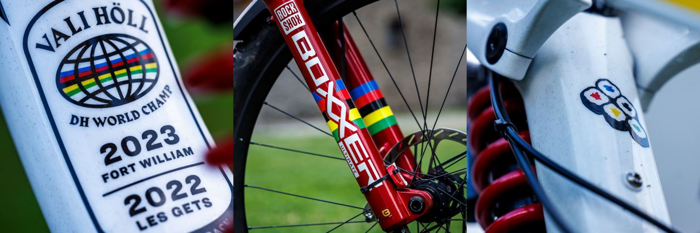 A collage of the rainbow-inspired details for the reigning World Champ's bike.