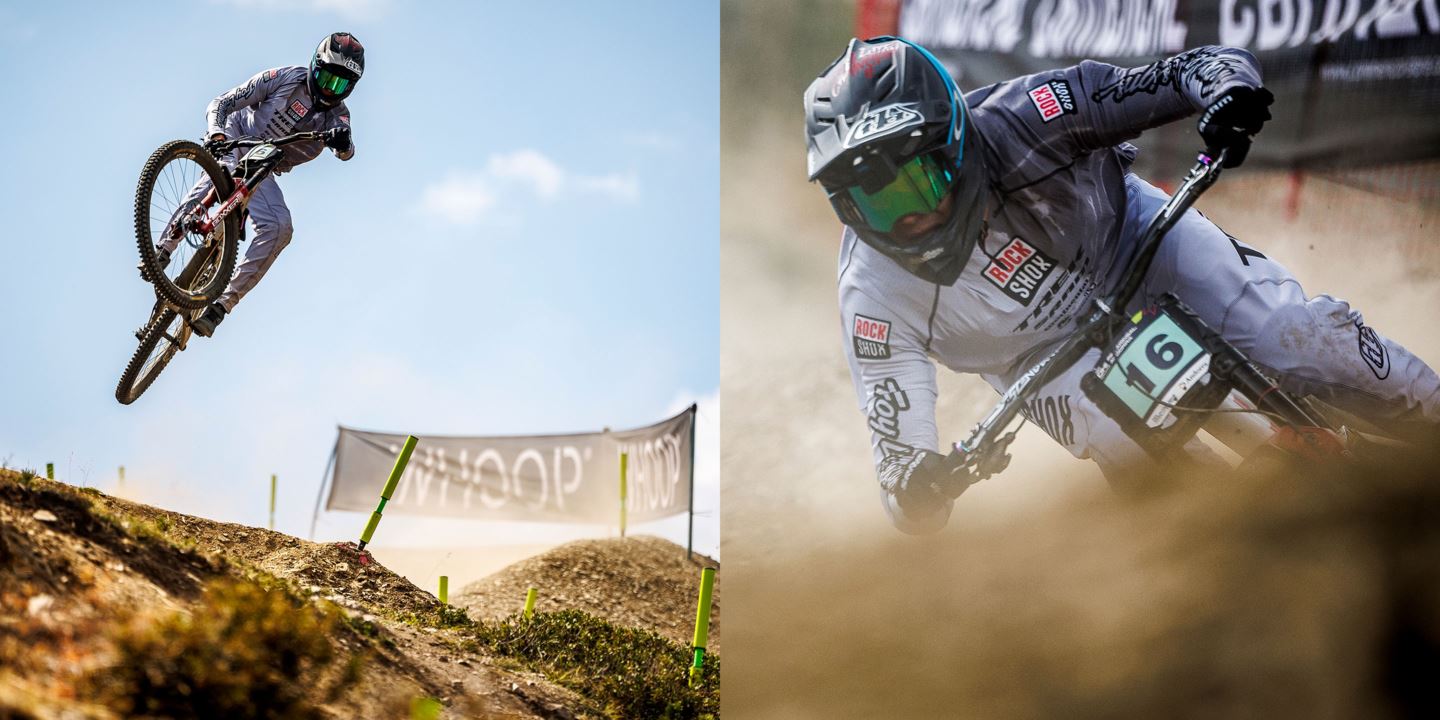 (Left)  Tegan Cruz hitting a jump in practice in Andorra. (Right) A close-up shot of Tegan hitting a dusty berm.