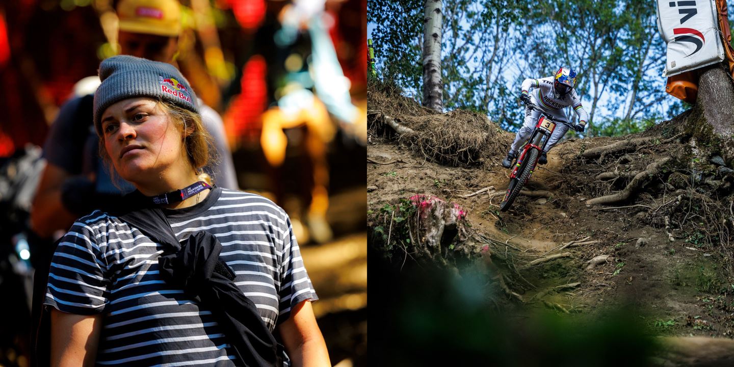 (Left) Vali Höll checking out a line on the track walk. (Right) Vali Höll practicing on the new track in Loudenvielle, France.