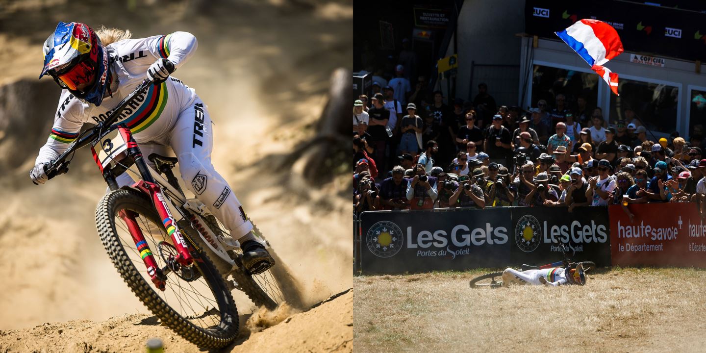 (Left) Vali Höll racing in her Finals run in Les Gets, France. (Right) Vali lays down on the ground in the finish corral after her Final run in Les Gets, France.