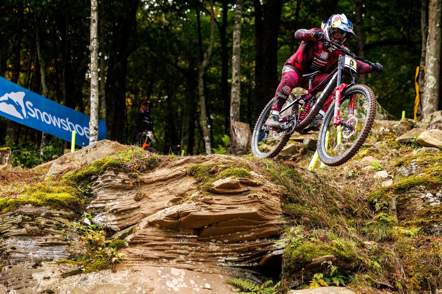 Vali sending it off the the double rocks stack during practice in Snowshoe, USA.