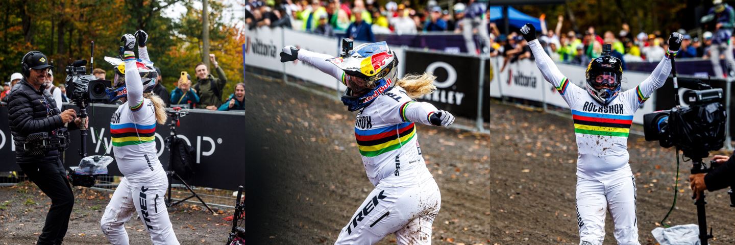 A sequence of Vali celebrating her win in Mont-Sainte-Anne.