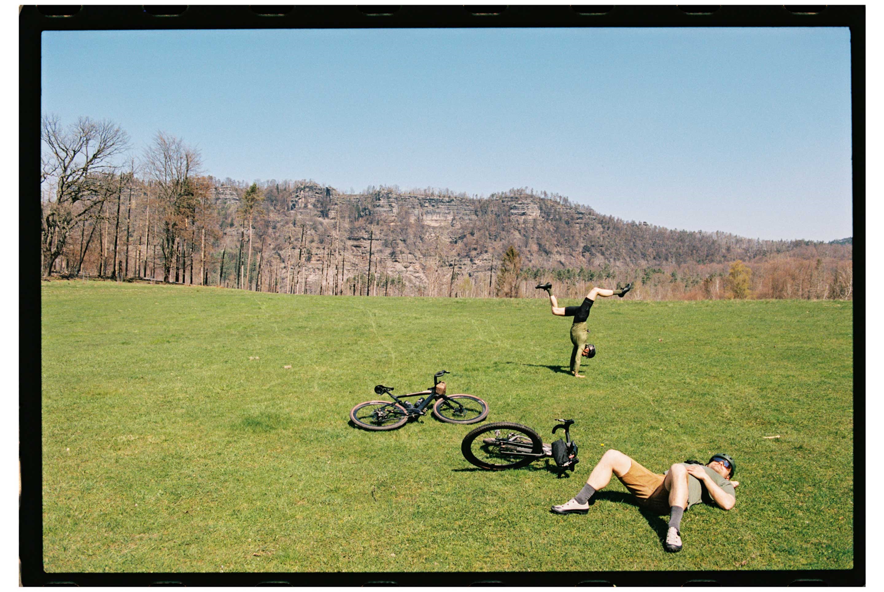 Riders take a break from a long gravel ride.