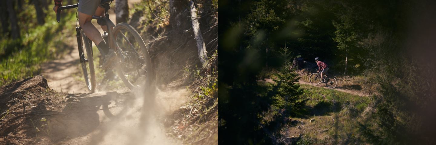 A rider descents a dusty trail on a gravel bike equipped with XPLR.